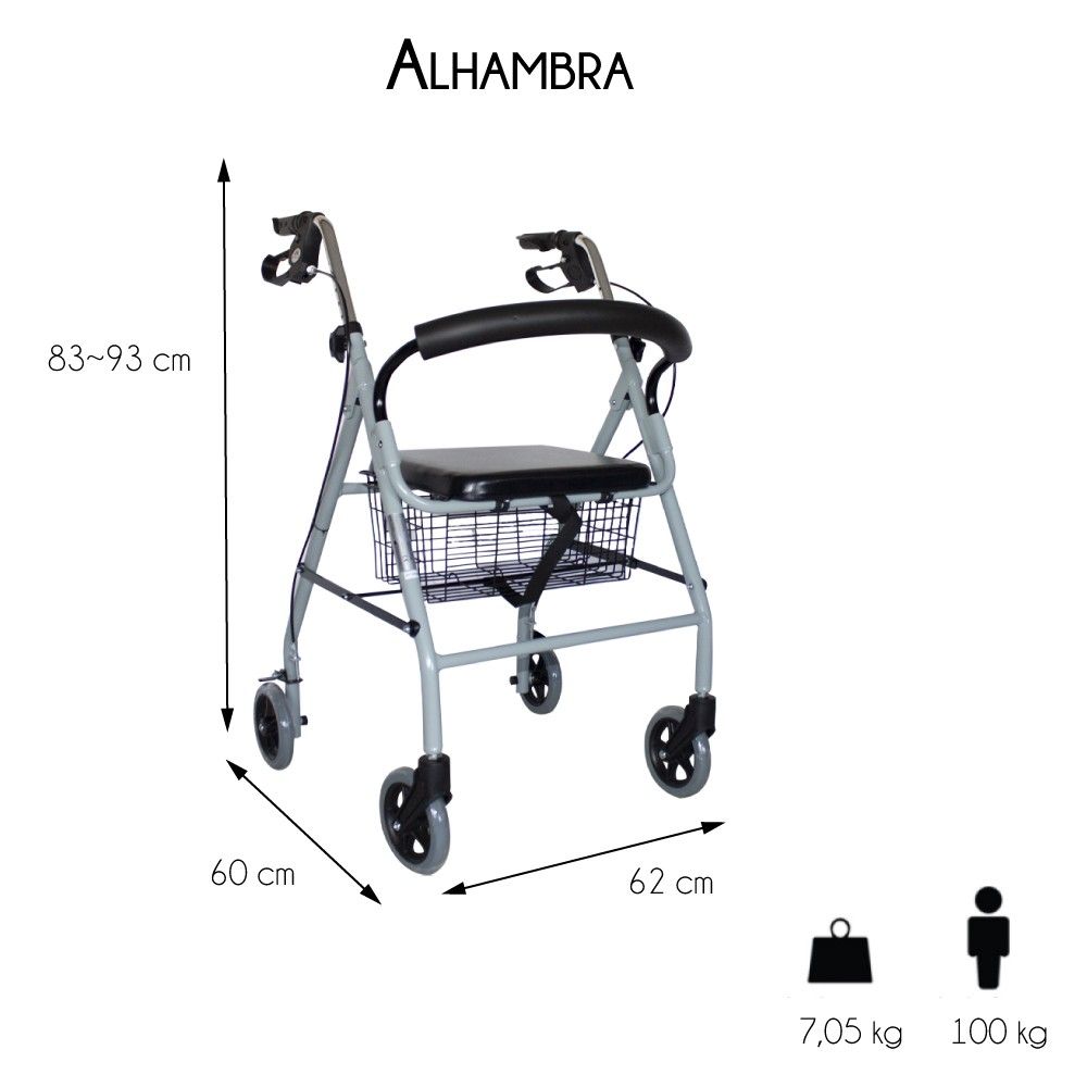 Andador para ancianos, Aluminio, Plegable, Asiento, 2 ruedas, Burdeos