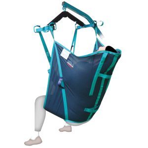 Arnés envolvente para grúa de traslado de pacientes, tipo saco, con sujeción completa y cintas reforzadas.