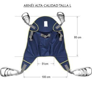 Arnés de alta calidad talla L con medidas: 100 cm de ancho, 95 cm de alto y 51 cm de apertura central para grúa de traslado