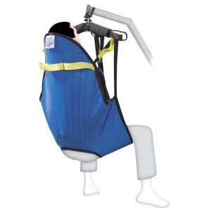 Arnés GOLIATH XXL 320 kg colocado en grúa para transferencia bariátrica, arnés reforzado de talla única para gran sobrepeso