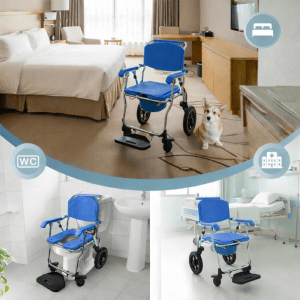 Silla de ruedas con inodoro Babor 3 en 1 en habitación, baño y entorno hospitalario