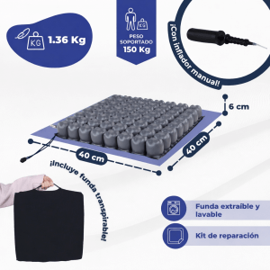 Cojín antiescaras de aire manual 40x40x6 cm con válvula y bomba
