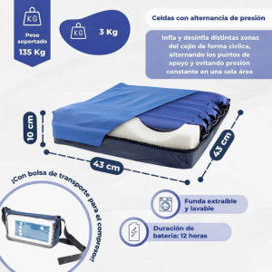 Cojín de aire antiescaras con compresor, alternancia de celdas y medidas 43x43 cm