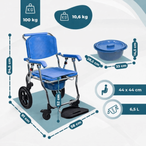 silla de ruedas con inodoro Babor 3 en 1 con medidas (58 x 91 x 94,5 cm), peso 10,6 kg, cubeta 6,5 L y carga máxima 100 kg.