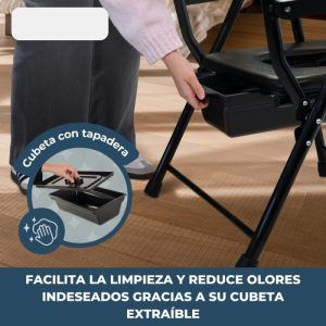 Cubeta extraíble con tapadera en la silla WC plegable Guadalquivir para facilitar la limpieza y reducir olores