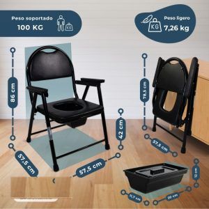 Medidas de la silla WC plegable Guadalquivir: 57,5×57,5×86 cm, asiento a 42 cm y peso 7,26 kg