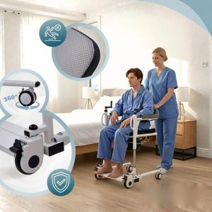 Ruedas 360° y tejido antideslizante en silla de transferencia Willy con uso junto a la cama
