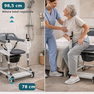 Altura regulable 78–98,5 cm en silla de transferencia Willy con asistencia del cuidador