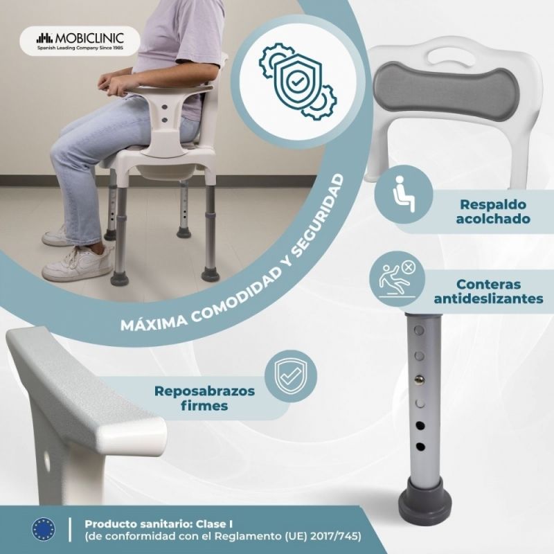 Silla de baño con orinal Guido con respaldo acolchado y conteras antideslizantes