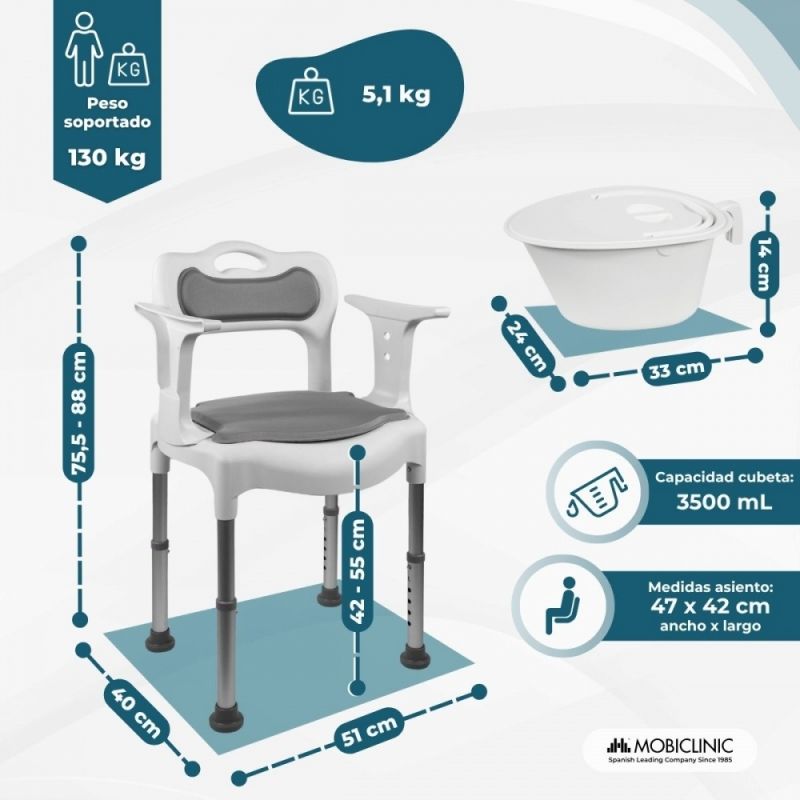 Silla de baño con orinal Guido regulable con medidas y capacidad 3500 ml