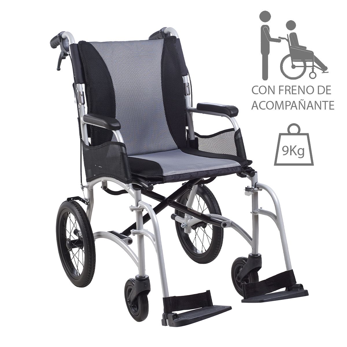 Silla de ruedas Ergo Transit 12 de aluminio ultraligera de 9 kg con frenos para acompañante