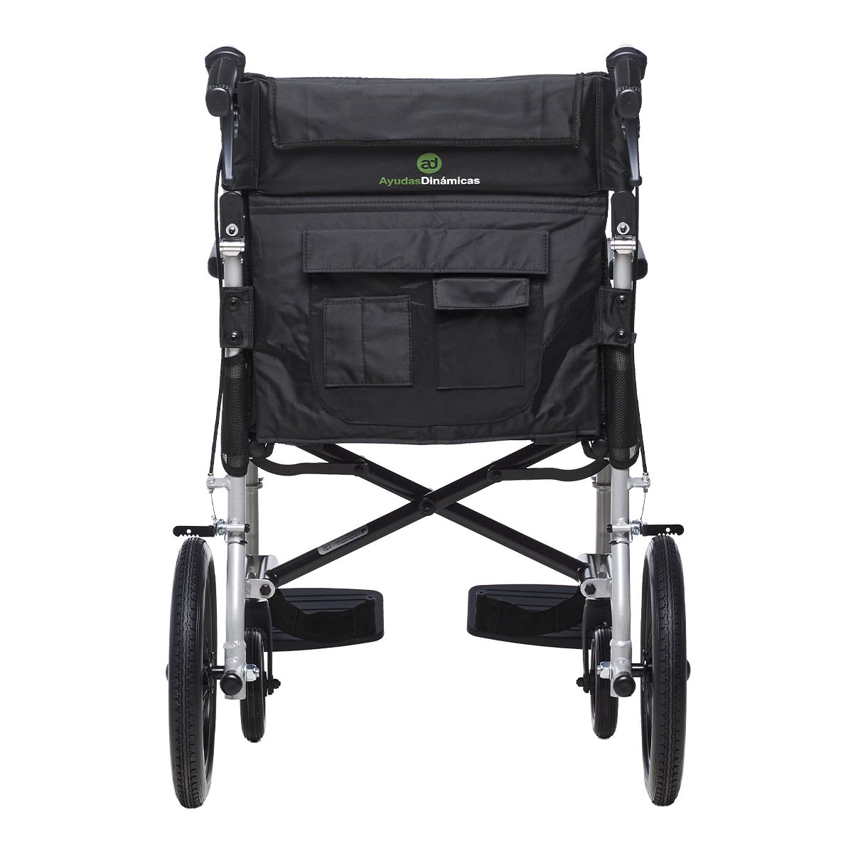 Vista trasera de la silla de ruedas Ergo Transit 12 con bolsillo portaobjetos y frenos para acompañante