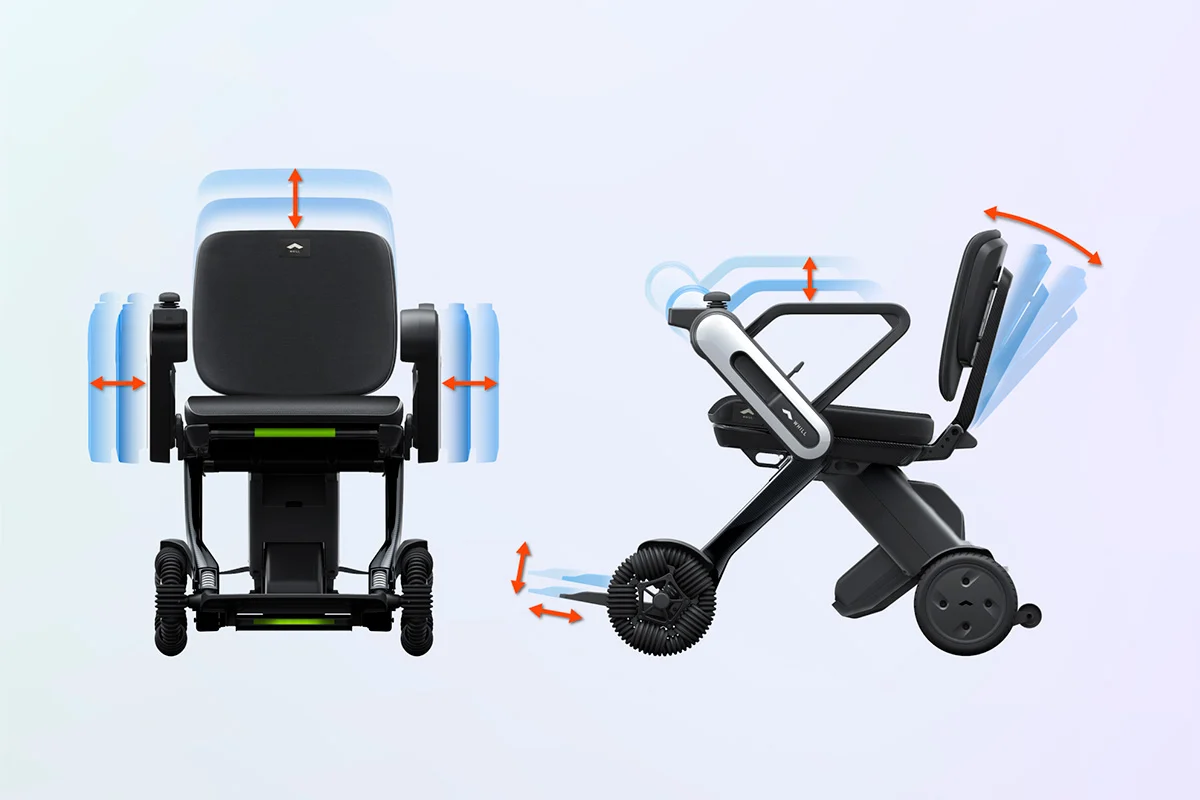 Ajustes del respaldo, reposabrazos y reposapiés de la silla de ruedas eléctrica Wheel Model C Lite