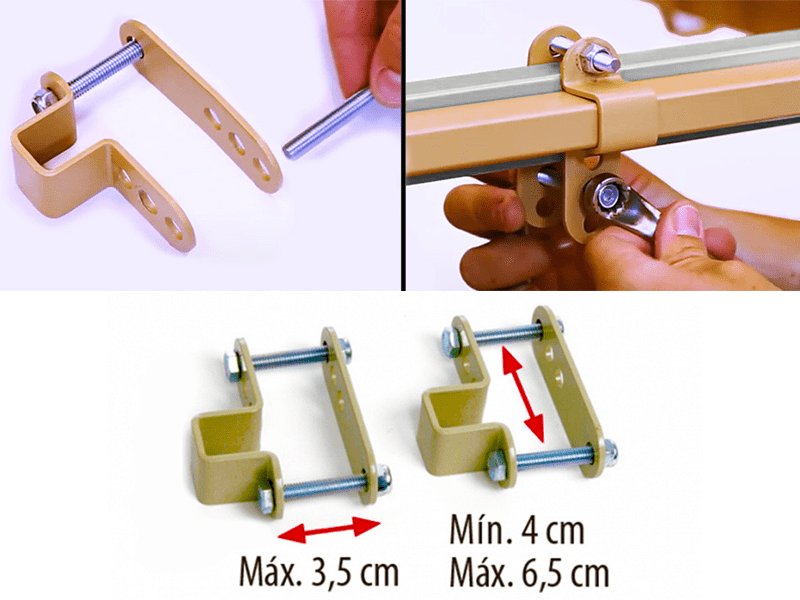 Anclaje universal de la barandilla abatible para cama articulada con sistema de fijación regulable