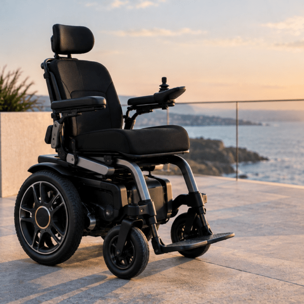 Silla de ruedas eléctrica con asiento y respaldo acolchados