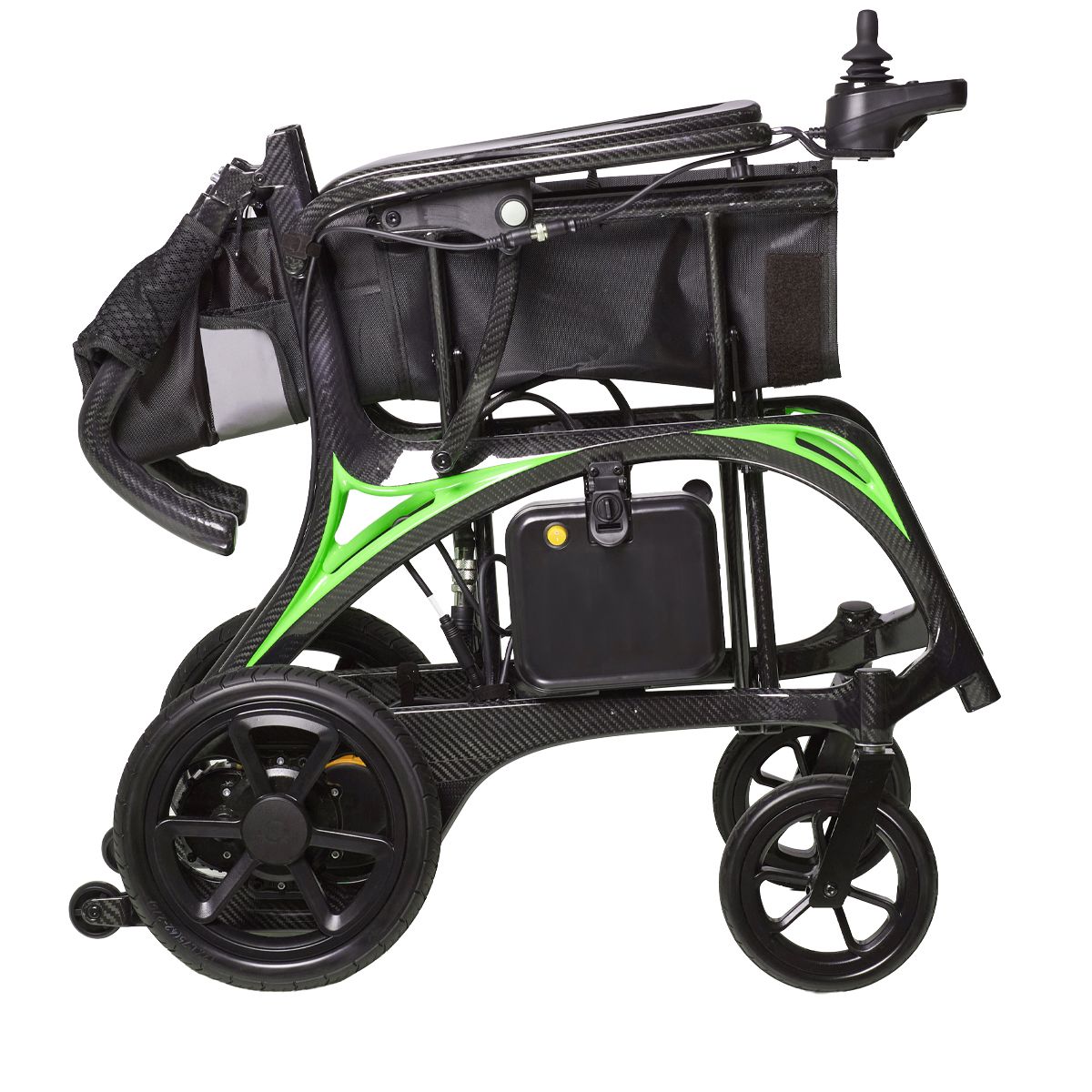 Silla de ruedas eléctrica de fibra de carbono plegada con detalles verdes