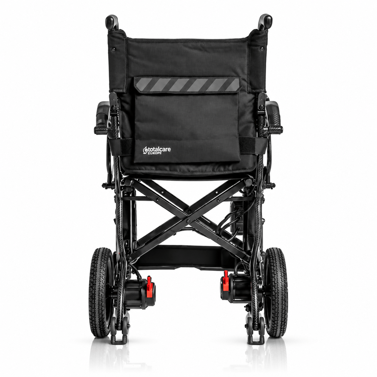 Vista trasera de la silla eléctrica Martinika Carbon Evo con bolsa portaobjetos y estructura plegable de fibra de carbono