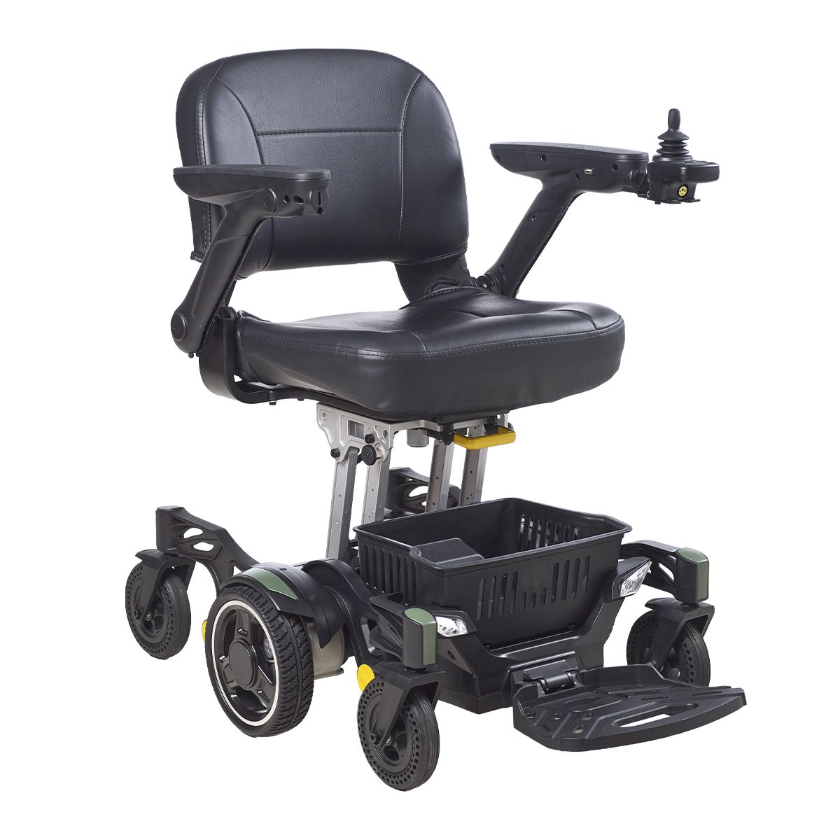 Vista frontal de la silla de ruedas eléctrica Spider R140 con joystick y cesta inferior